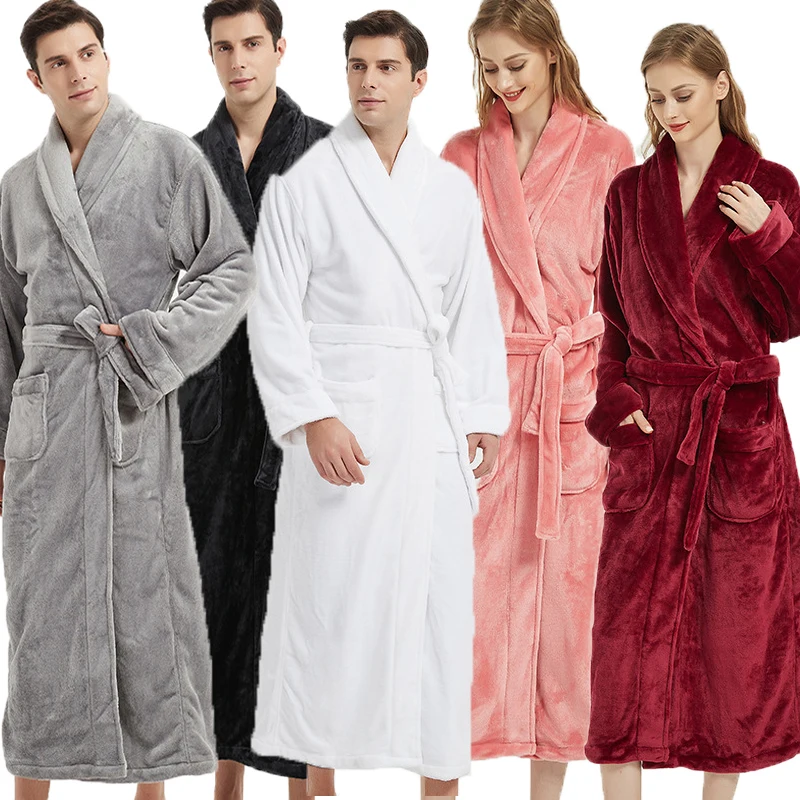 Extra Long Plus Size Winter Warm Coral Fleece Bathrobe Women Men Flannel Dobby Kimono Bath Robe Bridesmaid Dressing Gown Wedding