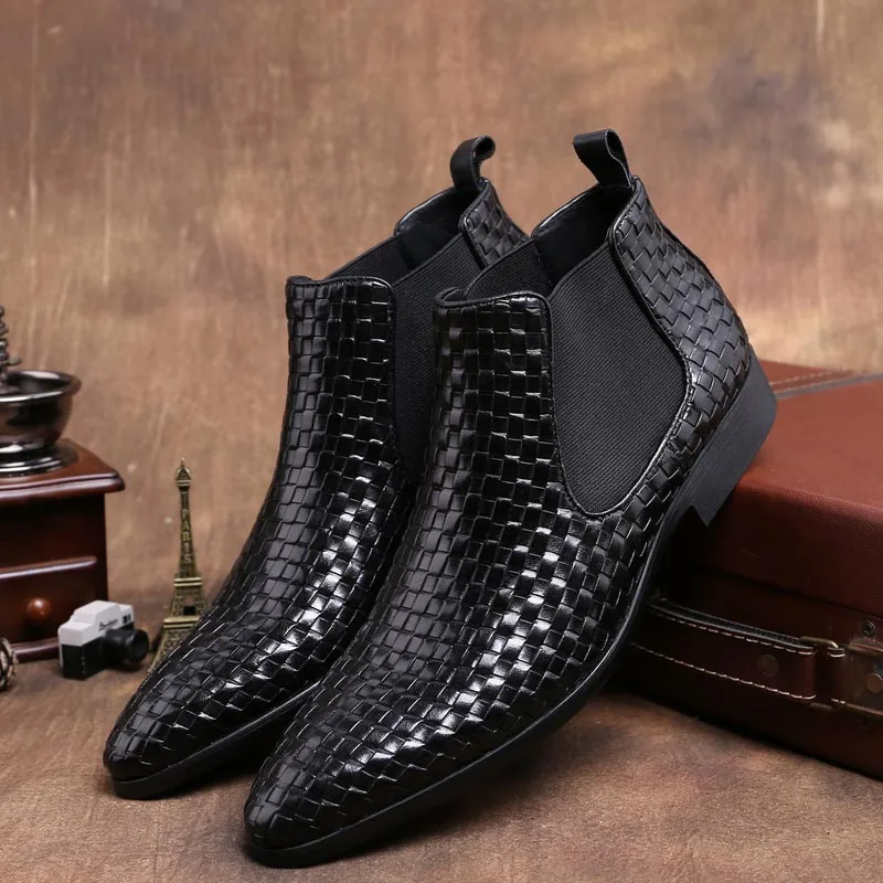 Sipriks Genuine Leather Black Woven Boots For Men Pointed Toe Chelsea Boots Work Boots Luxury Male Wedding Shoes