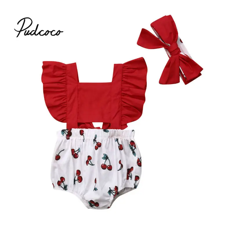 Baby Girl Summer Clothes Set Backless Cherry Romper +Headband Ruffle Big Bow Newborn Toddler baby girl Patchwork clothes Outfits