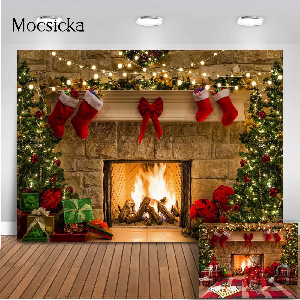 

Mocsicka Photography Backdrop Christmas fireplace Brick Wall Photo Booth Background Studio Red Sock Glitter Shiny Christmas tree