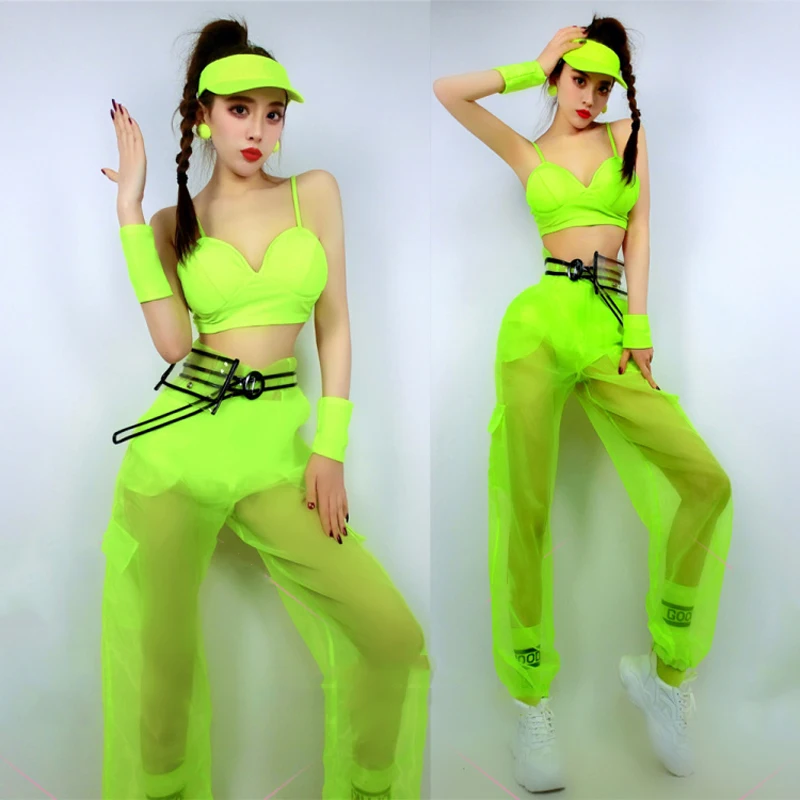 GKnitting-Tenue de brevFluorescente pour Femme, Bikini Vert, Vêtements Hip Hop, Dj, Jazz, Costume de Performance, Discothèque, Scène, ChrV15847