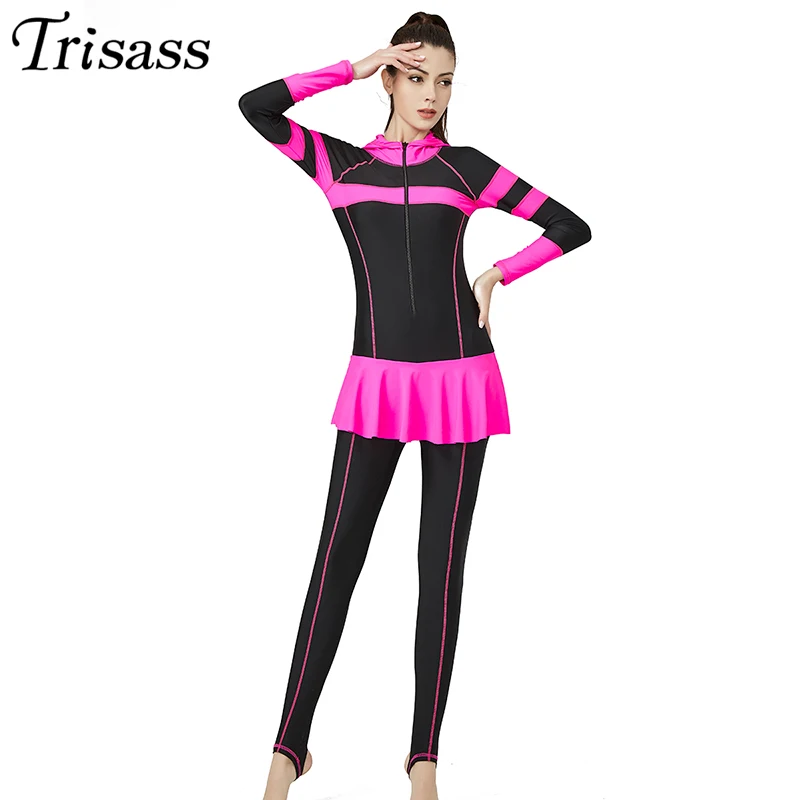 Trisass 2020 New Women Skirt One Piece Swimsuit Plus Size L-6XL Sport Long Sleeve Bodysuit Long Pants Surf suit With Zipper Cap