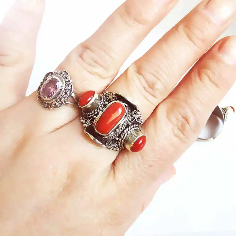 Nepal Hand 925 Sterling Silver Inlaid Bamboo Coral Lovely Rings for Girls Vintage Jewelry T9047