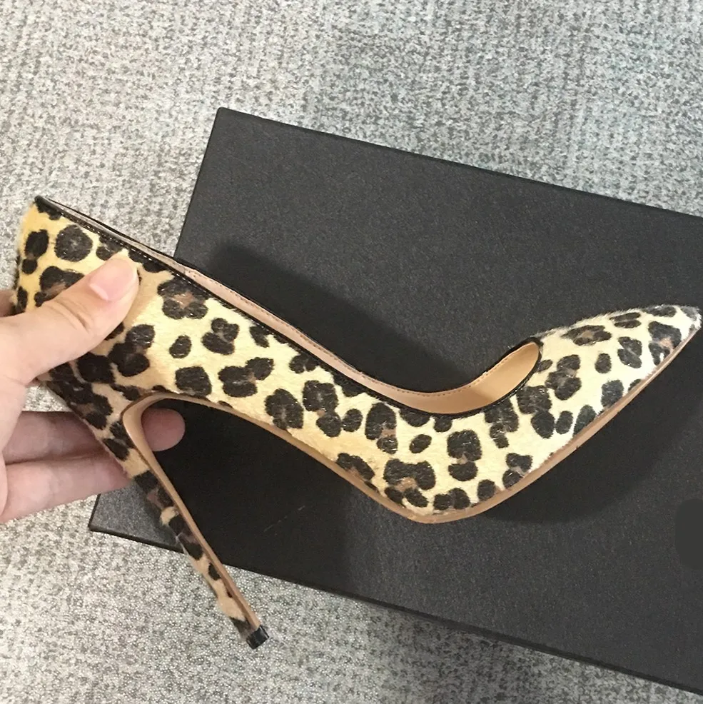 Woman Fashion Designer Leopard Pointed Toe Pumps Women Genuine Leather Thin High Heels Sexy Slip On Female Shoes Big Size D011A