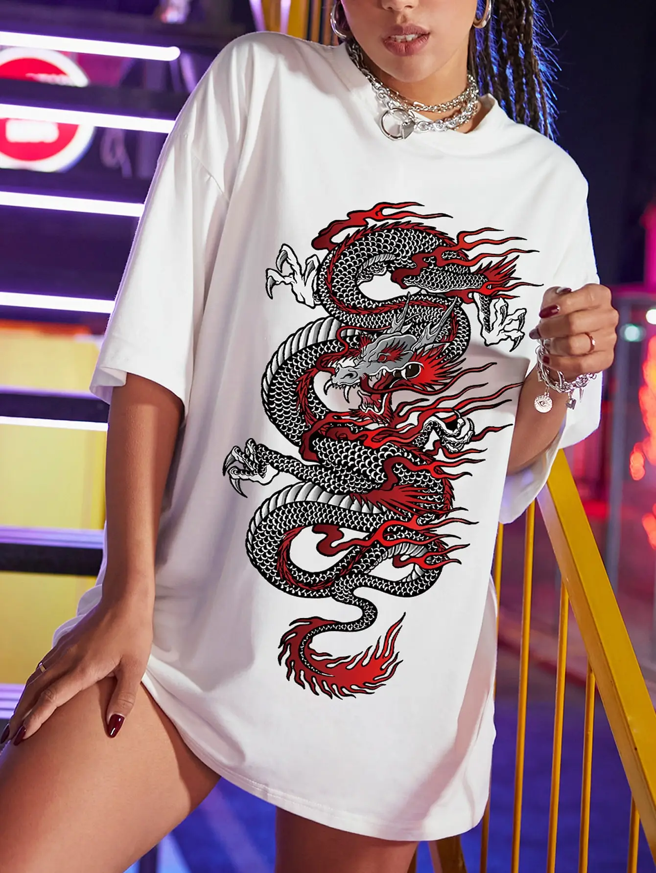 Oversized T Shirt Ulzzang Harajuku Dragon Print T Shirt Women Streetwear Tee Tops Summer Short Sleeve T-Shirt Female Clothing