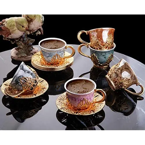 LaModaHome Espresso Coffee Cups with Saucers Set of 6, Porcelain Turkish Arabic Greek Coffee Cup and Saucer, coffee Cup for Wome