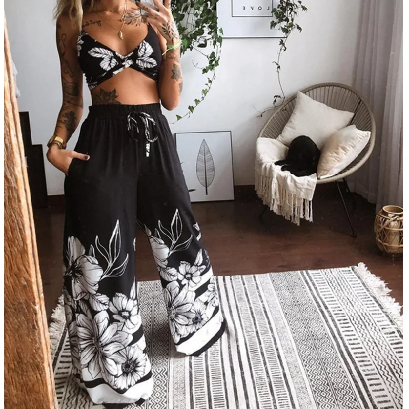 2 Pcs Summer Tracksuit Sets Womens Boho Outfits Beach Style Print Underwear Tops Loose Wide Leg Pants Female Clothes Sets