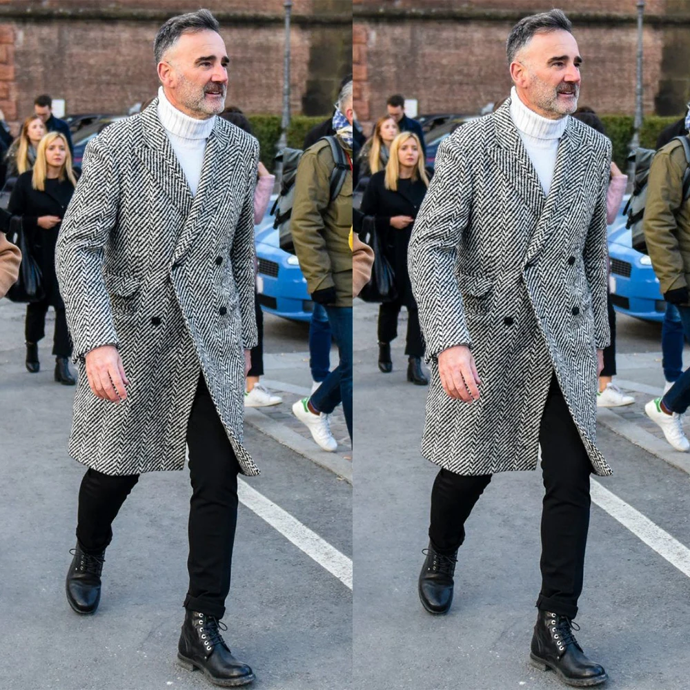 Abrigo largo de Tweed para hombre, chaqueta gruesa de lana gris para fiesta, graduación, traje de negocios, traje de invierno