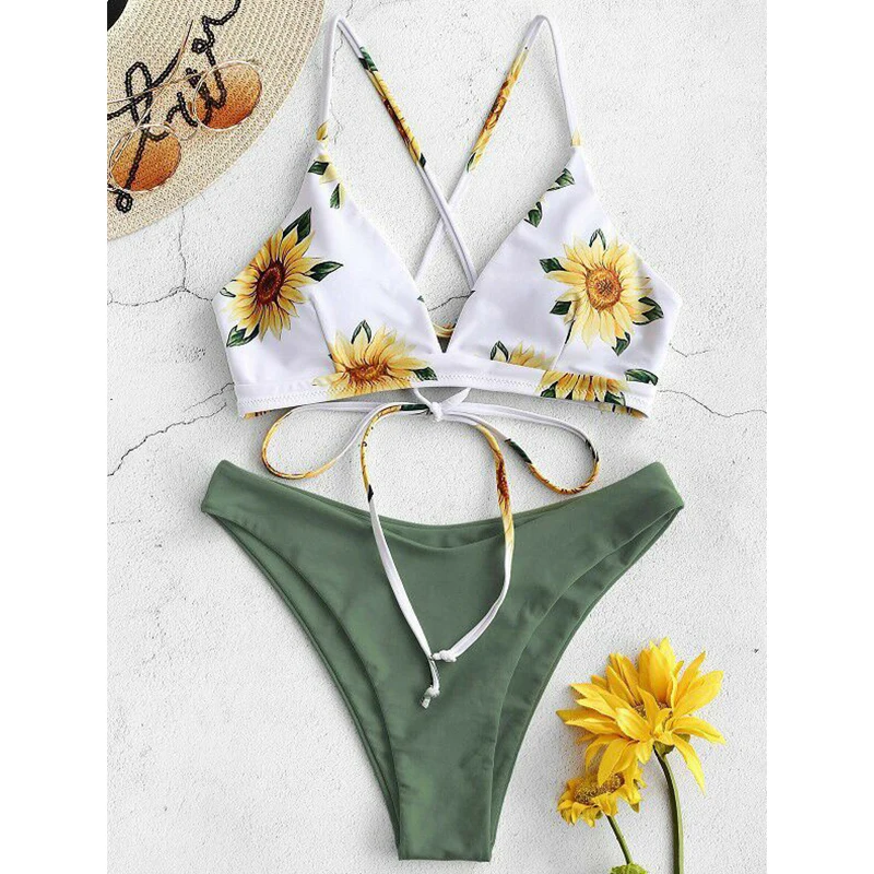 Sunflower Printed Bikini Set Sexy Swimwear Women 2024 Mujer Push Up Padded Biquini Bathers Bandage Bathing Suit Swimsuit Bikini