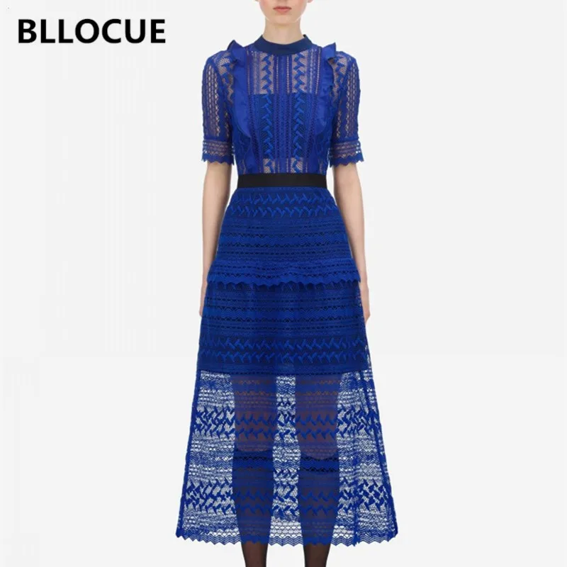 

BLLOCUE 2023 Summer Blue Lace Dress Women Short Sleeve Elegant Hollow Out See Through Runway Long Dress