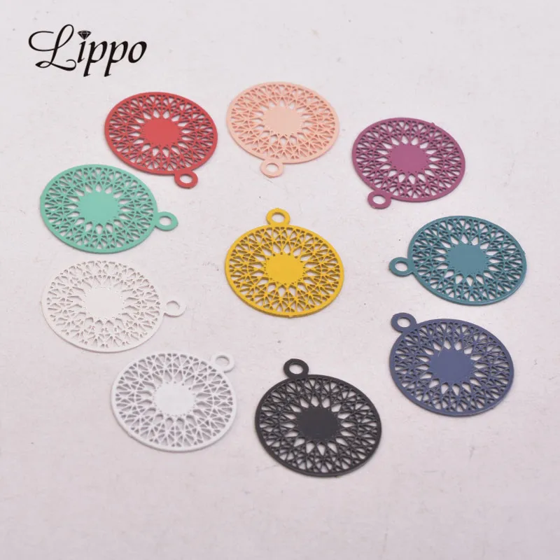 100pcs AA3739 15*17mm Brass Filigree Flat Round Charm Rose Gold And Silver Color Charms Jewelry Earring Pendant Parts