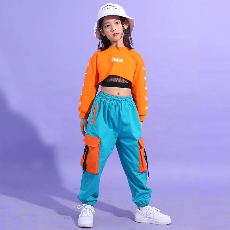 Girls Hip Hop Dance Clothing Orange Crop Tops Cargo Pants Suit Street Dance Outfits Jazz Performance Costumes Stage Wear DQS8535