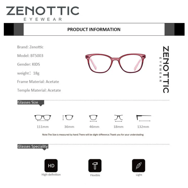 ZENOTTIC Acetate Children Glasses Frames Girls Boys Myopia Optical Spectacles Anti Blue Ray Lens Myopia Prescription Eyeglasses