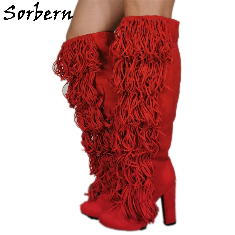 Sorbern Luxury Tassel Knee High Boots Block Heels Women Shoes Long Red Boot Chunky Heels Size 13 Customized Cute Round  Toes