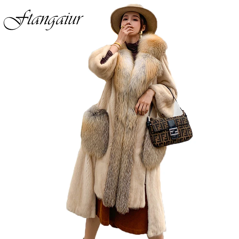 

Ftangaiur New Winter Import Crown Velvet Mink Fur Coat Women Golden Island Fox Collar Pockets Natural Real Mink Fur Coats