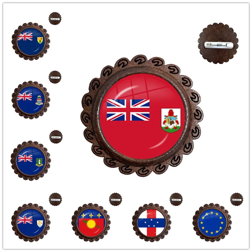 Turks and Caicos Islands,Anguilla,Cayman Islands,British Virgin Islands,Bermuda,Guadeloupe National Flag Wood Booches Pins Gift