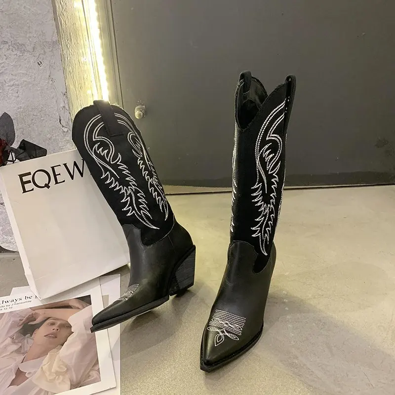 Fashion Embossed Microfiber Leather Women Boots Pointed Toe Western Cowboy Boots Women Knee-High Boots Chunky Wedges Boots Women