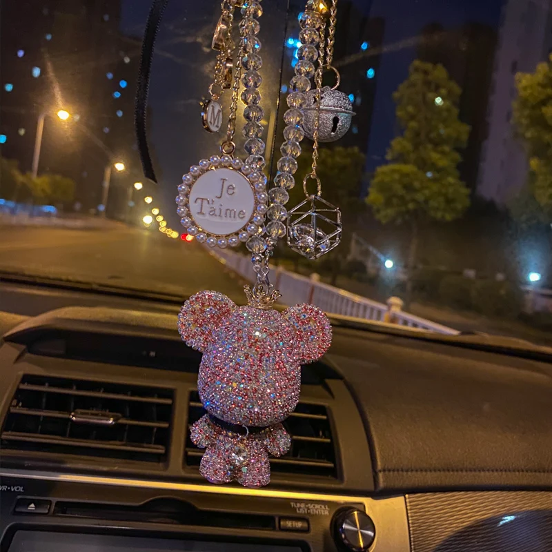 Fashion Bead Crystal Cartoon Bear Small Bell Car Pendant Diamond Hanging Ornaments Rhinestone Tassels Car Mirror Decoration