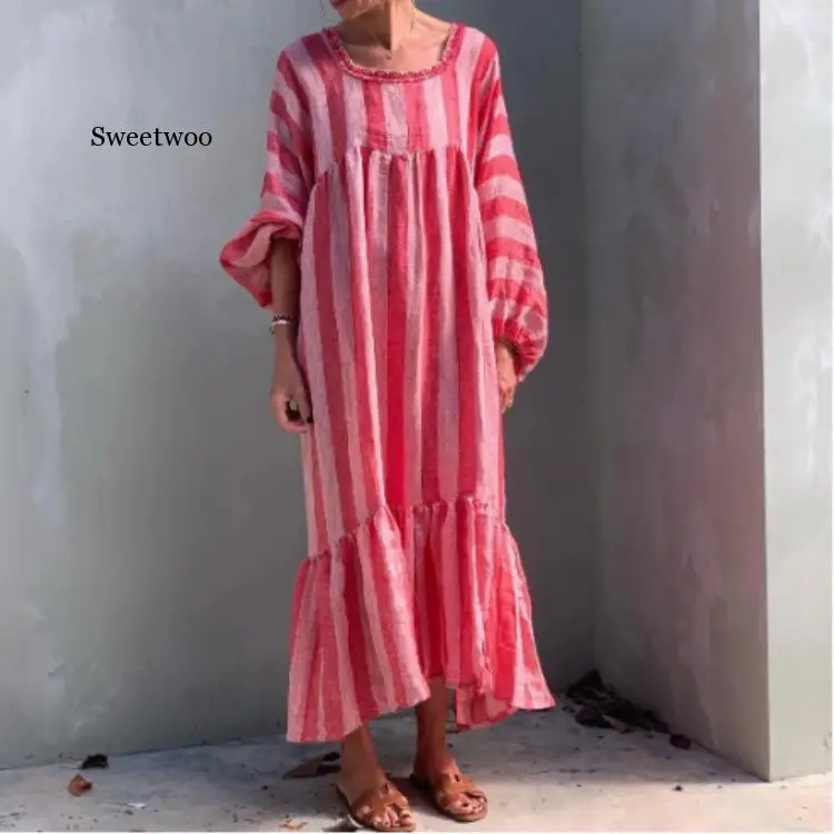 

Summer Boho Printed Striped Dress O Neck Women's Elegant Dress Loose Vestidos 2020