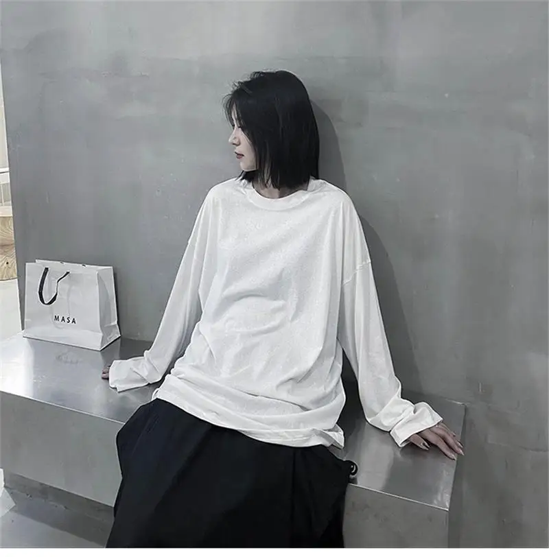 Autumn ladies cotton long sleeves loose long sleeves T-shirt round neck wrinkle-resistant lazy wind drawstring design