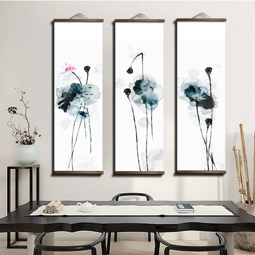 Chinese Japanese Ink Flower Animal Canvas Home Decoration for Living Room Wall Art Picture Poster Wood Scroll Paintings Decor