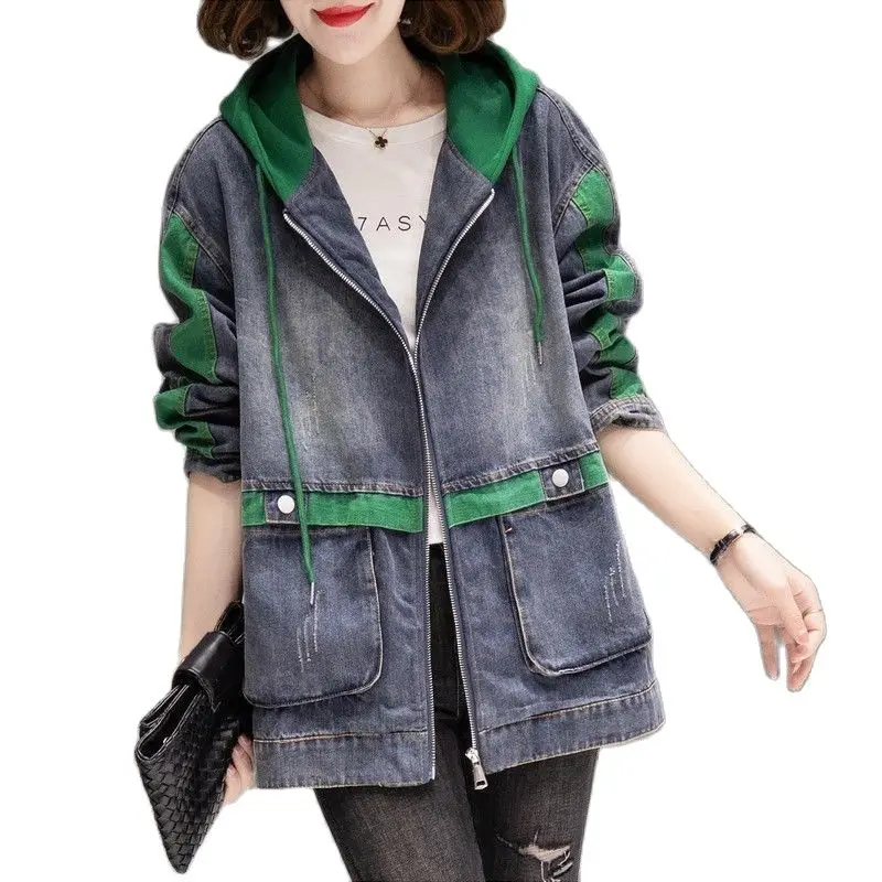 Green Stitching Denim Jacket Female Spring Autumn 2025 New Hooded Cowboy Coat Women Loose Jeans Outwear Ladies Tops