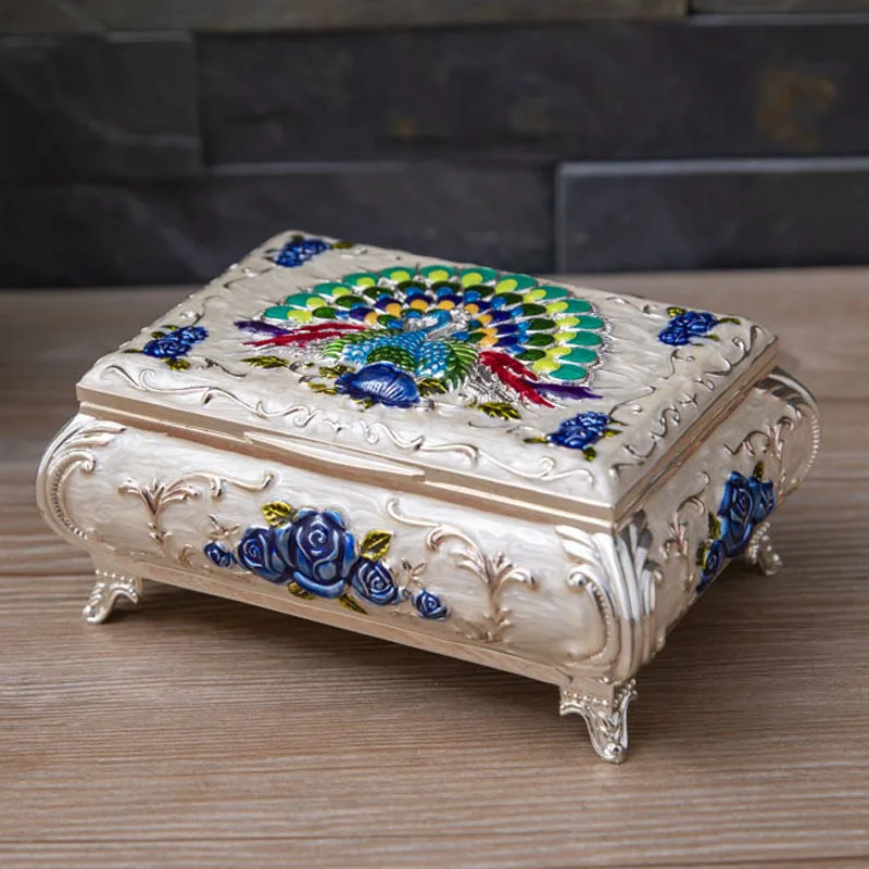 Vintage Beautiful Peacock Trinket Jewelry Box Rectangular Rose flower Organizer Storage Box Gift Case for Women Girls pbag001