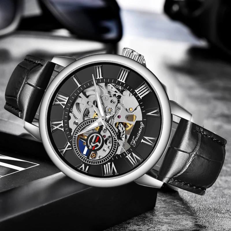 FORSINING Fashion Sport Business Men Watches Top Brand Luxury Mechanical Skeleton Watch Black Silver Clock horloges mannen