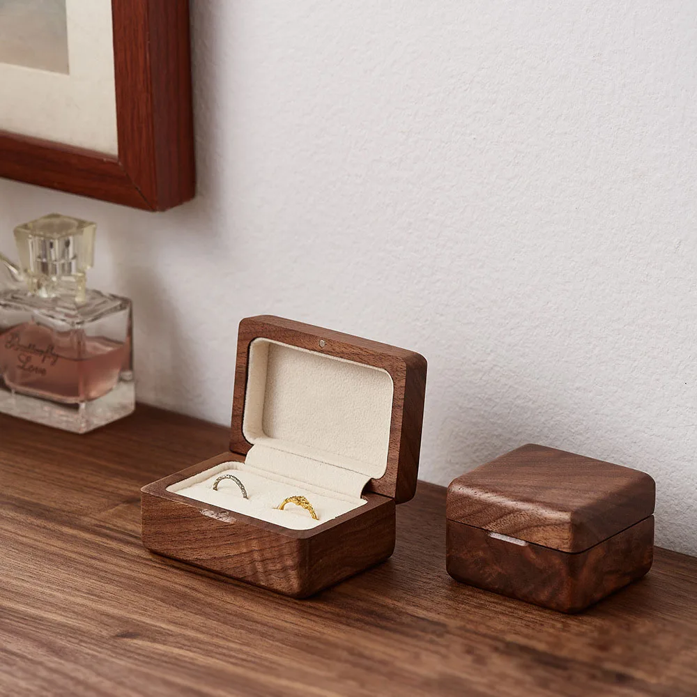 Amgoth Walnut Wood Wedding Engagement Ring Box Holder Stud Earrings Jewelry Organizer Storage Gift Box