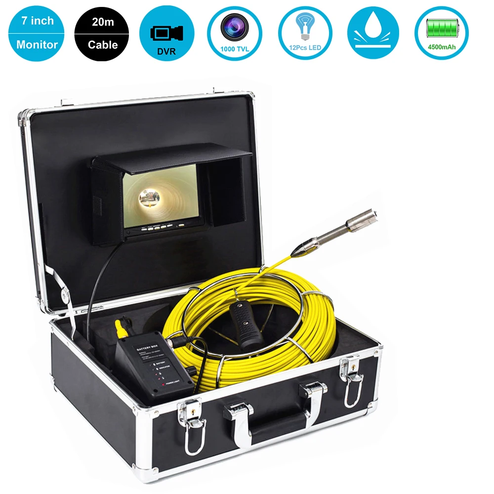 7inch Monitor LCD Sewer Drain Pipe Endoscope Inspection System 23mm 20m Cable Pipeline CCTV Industrial Camera 12V4500mAh Battery