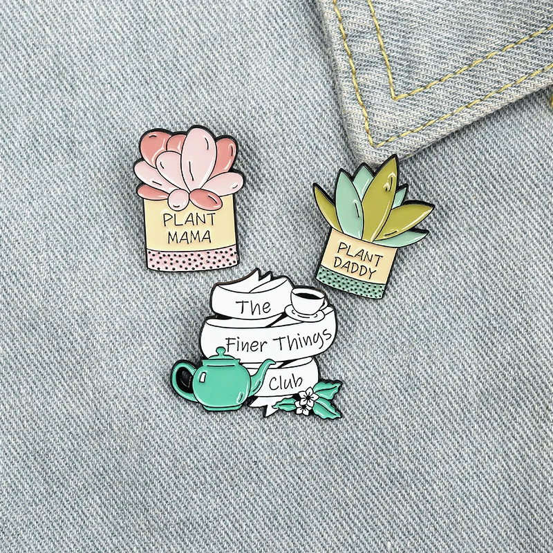 Plant Mama Daddy Fleshine Potting Enamel Pins The Finer Things Club Teapot Coffee Cup Brooch Badge Trendy Charm Lapel Jewelry