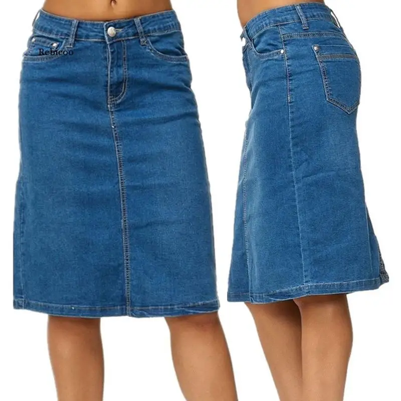 Denim Skirt Women Fashion Casaul Stretch Knee Length Washed Denim Blue Skirts  Pockets Pure Color Office Female Skirts