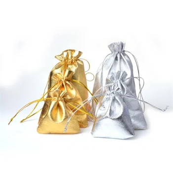 50 개/몫 7x9 9x12 5x7cm 조정 가능한 보석 포장 패브릭 가방 실버/골드 색상 Drawstring 웨딩 스토리지 쥬얼리 파우치