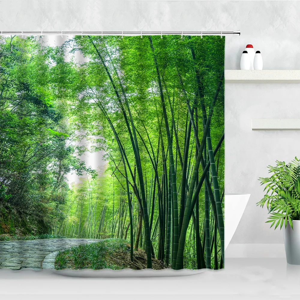 

3D Bamboo Shower Curtain Set Green Plant Leaves Natural Scenery Modern Home Decor Waterproof Fabric Bathroom Curtains With Hooks