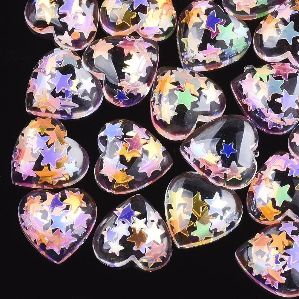 20pcs Colorful Resin Heart Cabochons Embellishments Flat Back Star Paillette Cabochons for Jewelry Making Findings 13.5x14x4.5mm