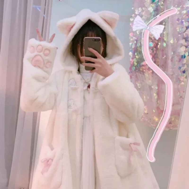 Winterjas Vrouwen Lolita Fleece-Gevoerde Verdikte Meisje Zachte Stof Kawaii Kat Oor Hoed Klauw Leuke Pluche Witte Jas jeugdige Parka