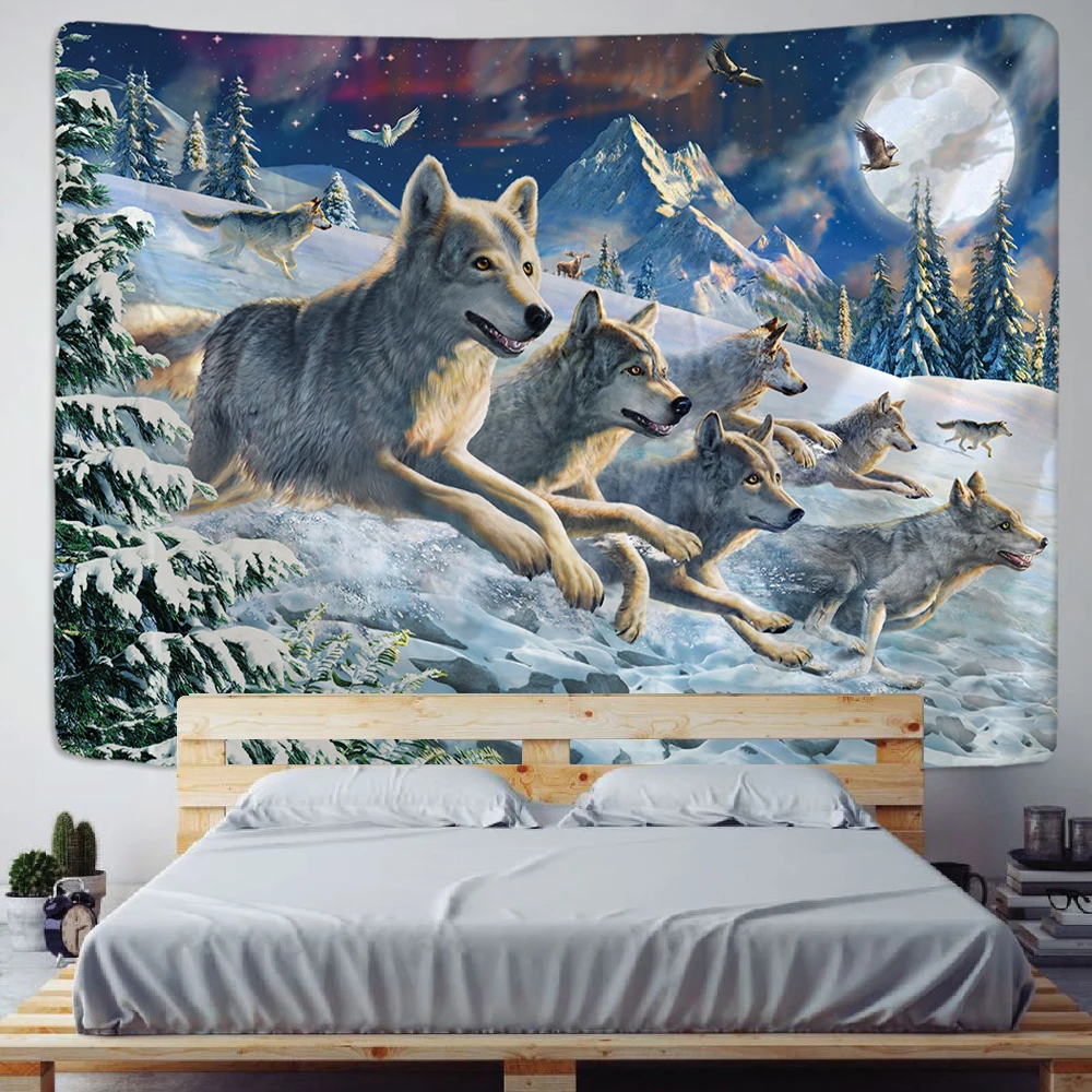 Running Wolves Holy Animals Tapestry Decoration Wall Hanging Lion Wolf Tiger Pattern Background Wall Tapestry Home Textile Woven