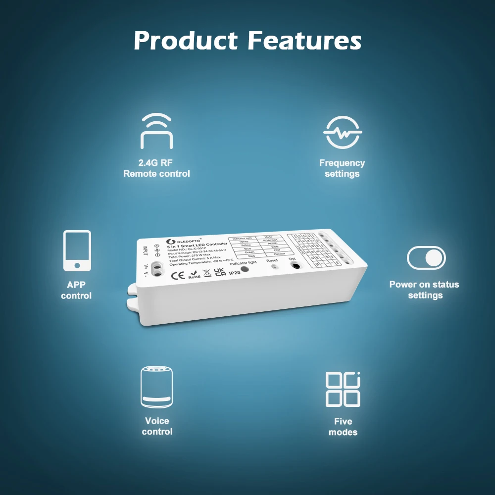 5 in 1 Zigbee Controller Zigbee 3.0 DC12-54V  RGBCCT/RGBW/RGB/ CCT/Dimmer LED Strip Controller Compatible With APP/Voice/RF Remo