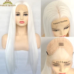 Vogue Queen Platinum White syntetyczny 13 × 3 koronkowa peruka na przód jedwabiste proste włókno termoodporne naturalną linią włosów Cosplay dla kobiet