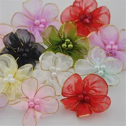 40pcs Organza Ribbon Flower w/Pearl Appliques/craft/Wedding decoration Lot mix B027