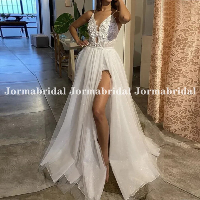 

Sexy Bohemian Wedding Dresses Spaghetti Strap 3D Flower High Slit Beach Bridal Gowns Sparkly Glitter Tulle Boho Bride Dress