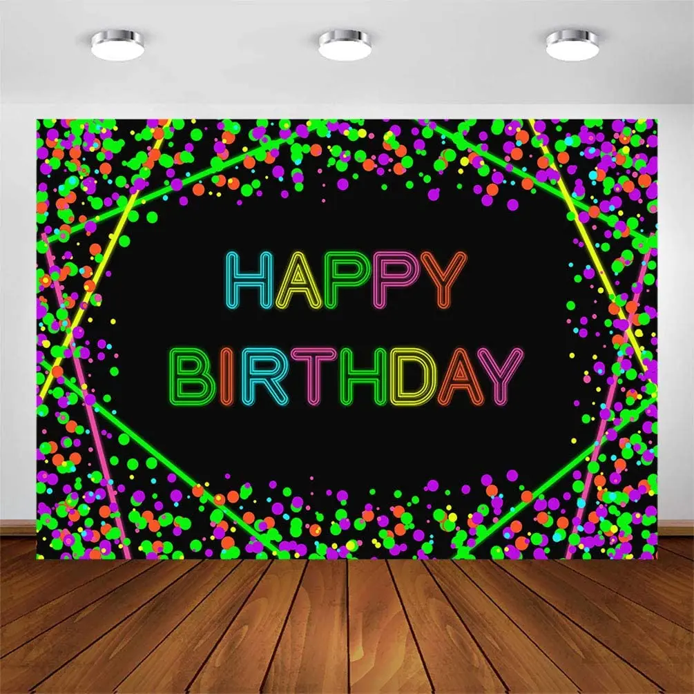 Neon Glow In The Dark Confetti Dots Happy Birthday Party Banner Photography Backdrop Let’s Glow Dance Photo Booth Background