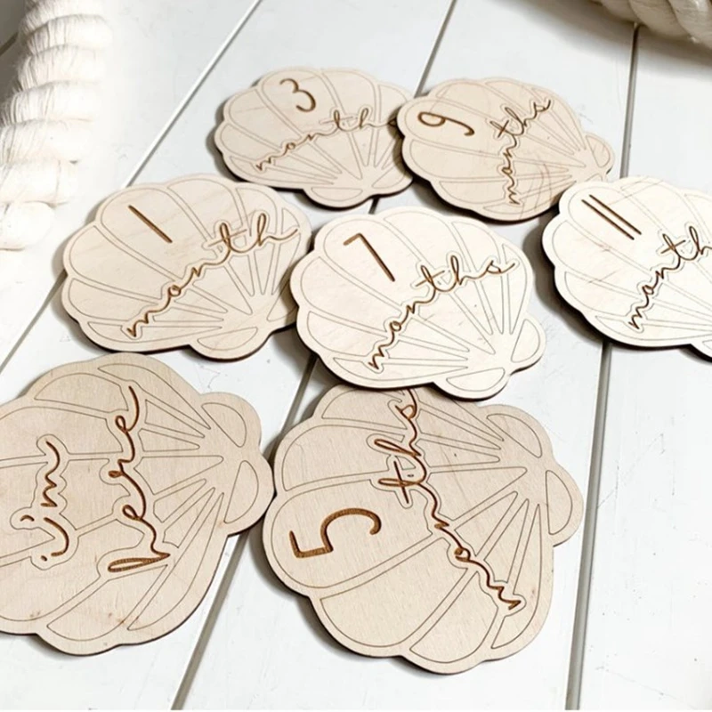 14pcs nursery Seashell wooden birth announcement sign baby monthly milestone cards shower newborn gift set photo props