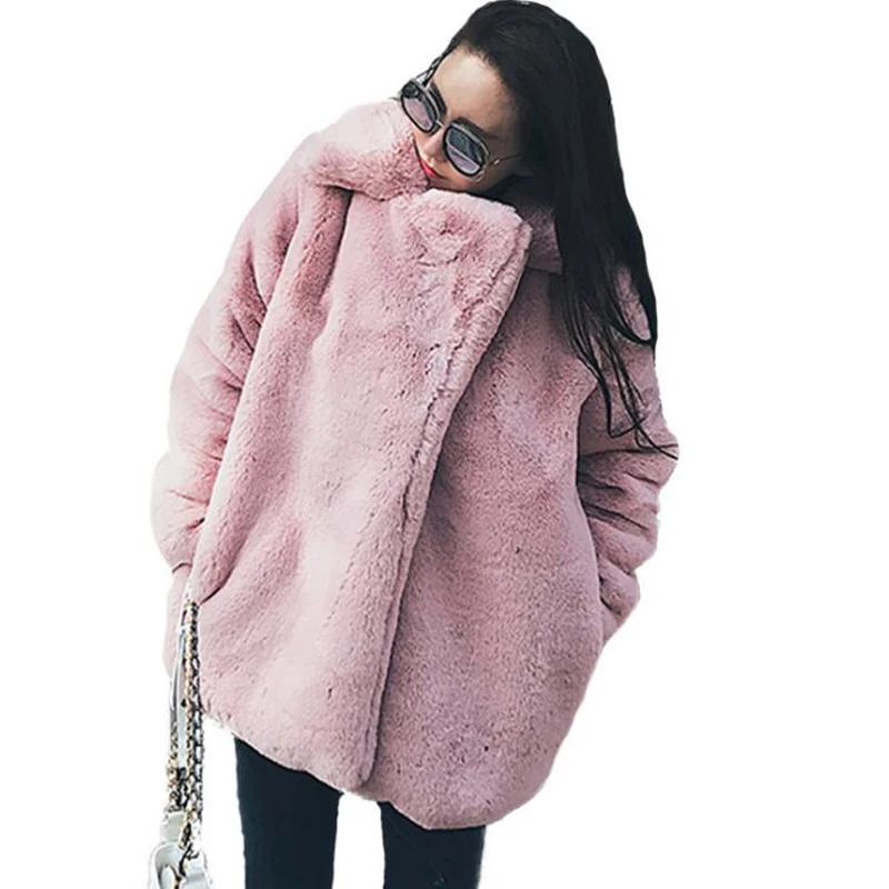 Winter High Quality Faux Fur Coat Thickened Warm Large Lapel Casual Plush Coat Faux Fur Mid-Length Solid Color Soft Coat Women