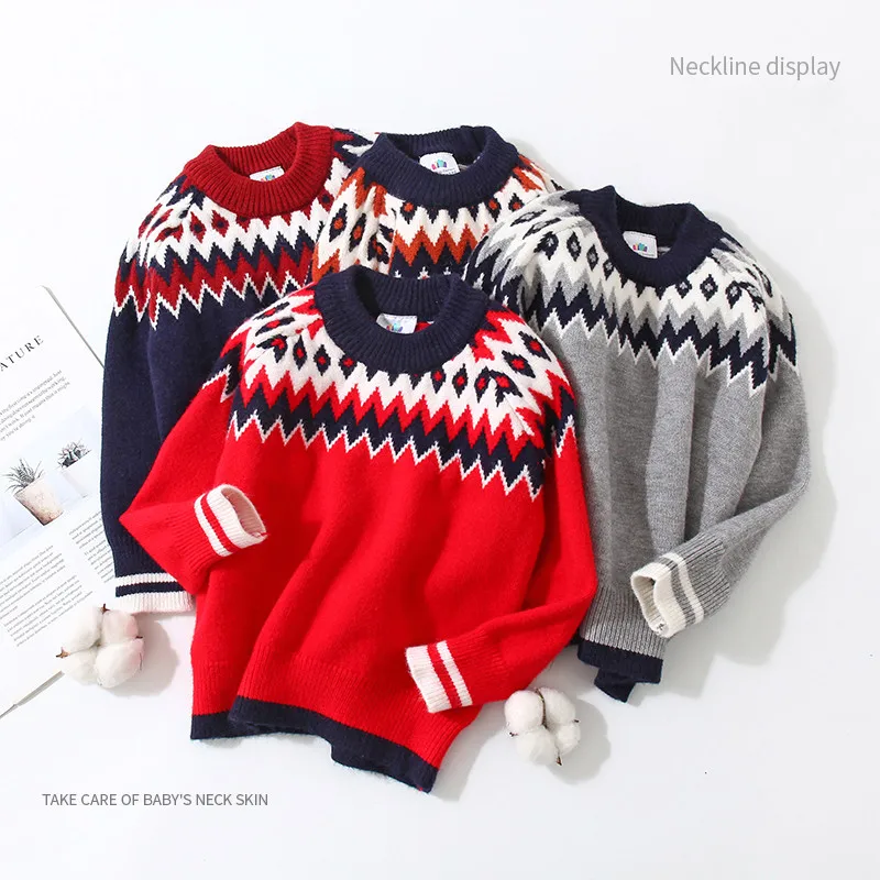 2024 Spring Autumn Winter 2 3 4 6 8 9 10 Years O-Neck Knitted Handsome Kids Ethnic Style Soft Sweater For Kids Baby Boys