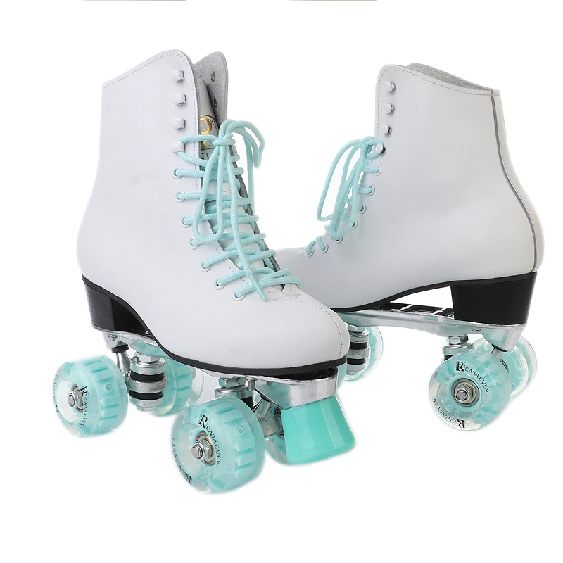 RENIAEVER New Adult Double RowSkating adult  Women's four-Wheel Cowhide Pu Flash Roller Skates