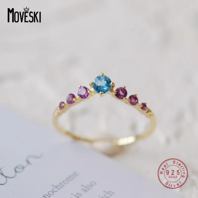 MOVESKI 925 Sterling Silver Blue Purple Zircon V Ring Women Fashion High Quality Anniversary Gift Jewelry