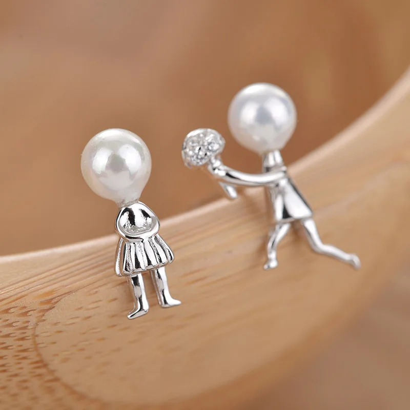 925 Sterling Silver Asymmetry Pearl Stud Earrings For Women Wedding Gift Female pendientes mujer moda