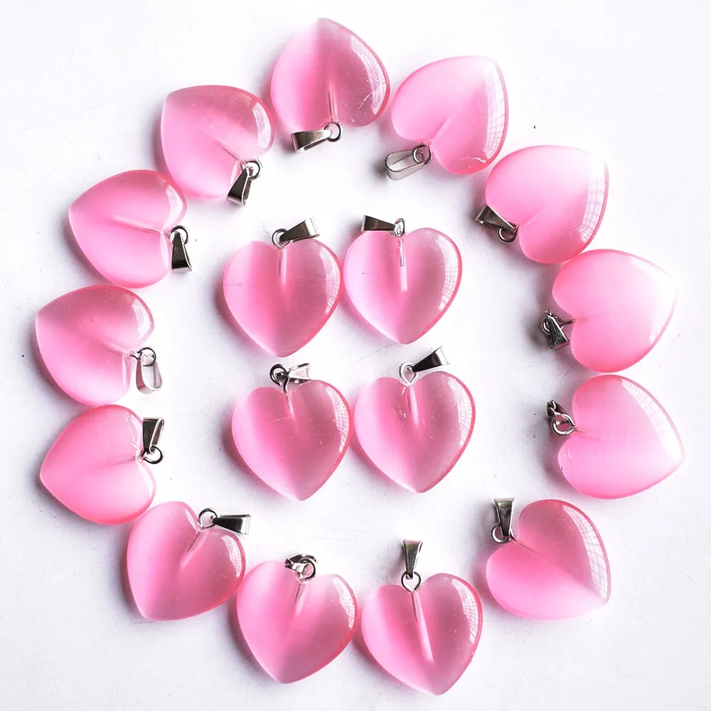 Großhandel Modische, hochwertige Katzenaugen-Steinanhänger in rosa Herzform, 20 mm, für DIY-Schmuckherstellung, kostenloser Versand – Detail 1