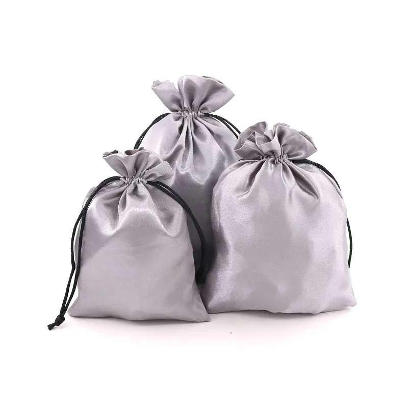 New Fashion Smooth Silk Satin Bags 10pcs/lot 8x10 9x12cm Gray Color Cloth With Black Drawstrings For Delicate Ear Studs Package